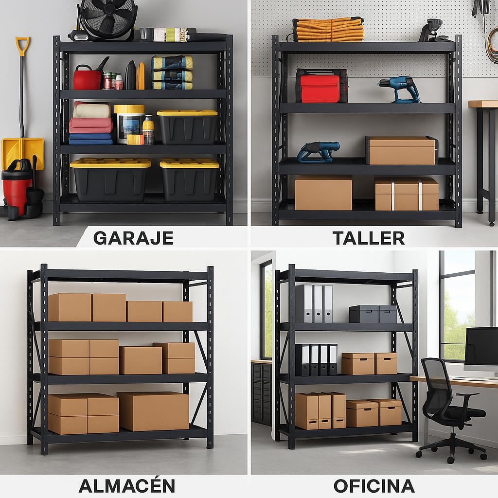Estante Industrial de Acero Reforzado, 4 Niveles, Negro, 195.5 x 60.9 x 182 cm, Capacidad 1100 kg por Nivel, 4 Toneladas