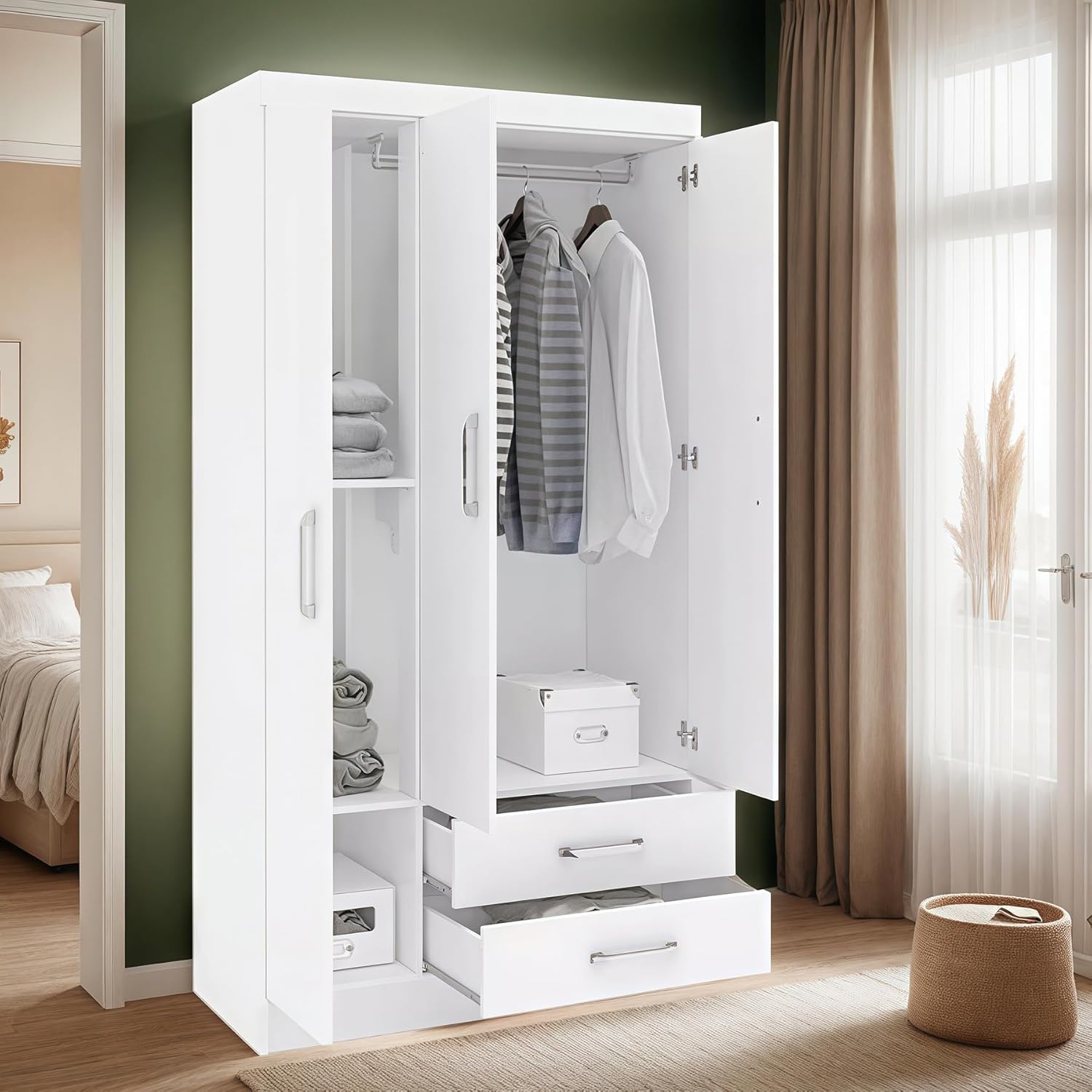 TRIUMPHKEY Ropero Closet Madera para Recamara Armarios para Ropa con 2 Cajones Closet con 3 Puertas Minimalista Muebles para Sala De Estar 90x46x180CM (Blanco)