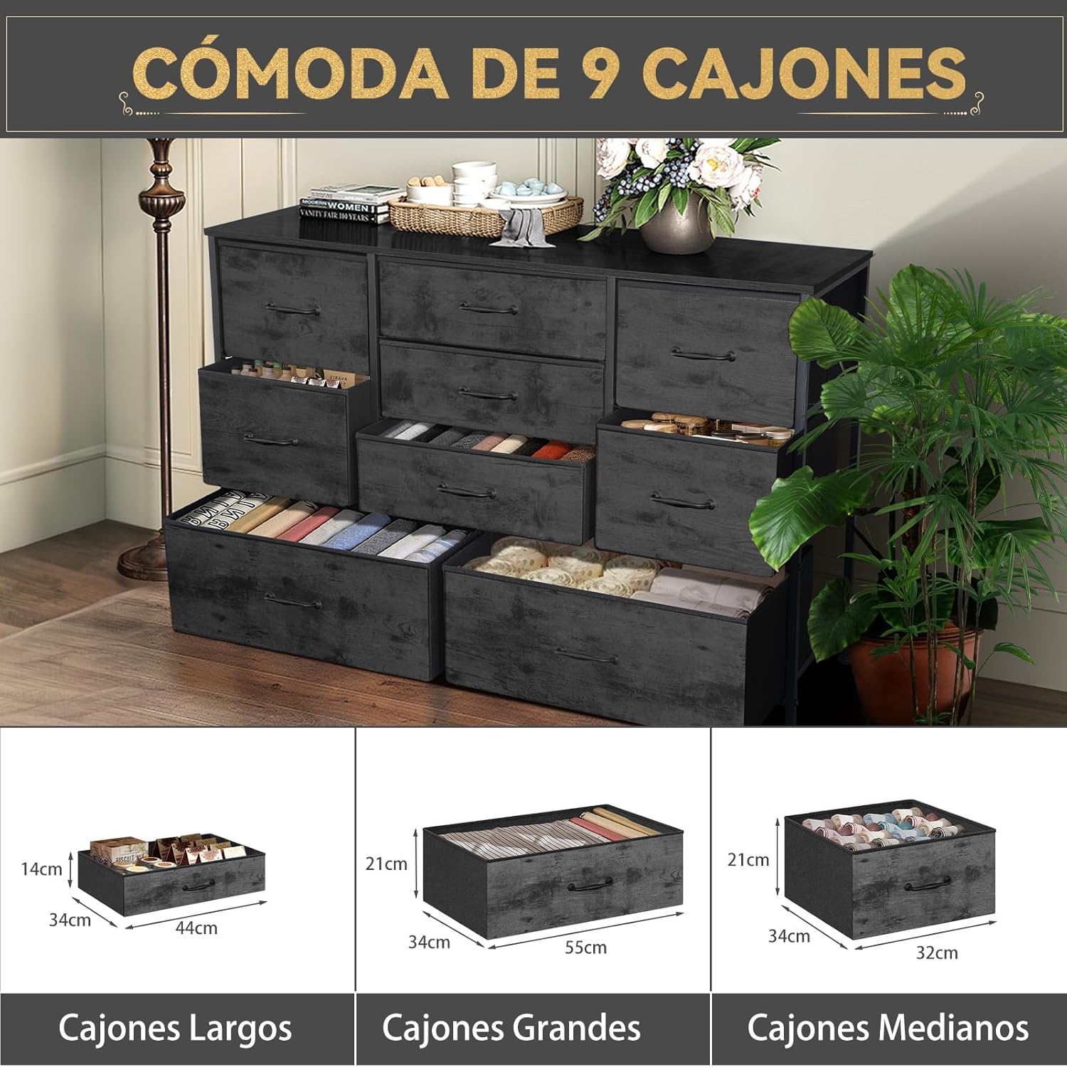 FURRIFIC Cómoda Gran Capacidad de 9 Cajones,115 * 75 * 35cm,Cajonera para Recamara,Ropa,Hogar Y Oficina,Organizador Cajonera de Estructura Metal con Cajones de Tela en 3 Tamaños