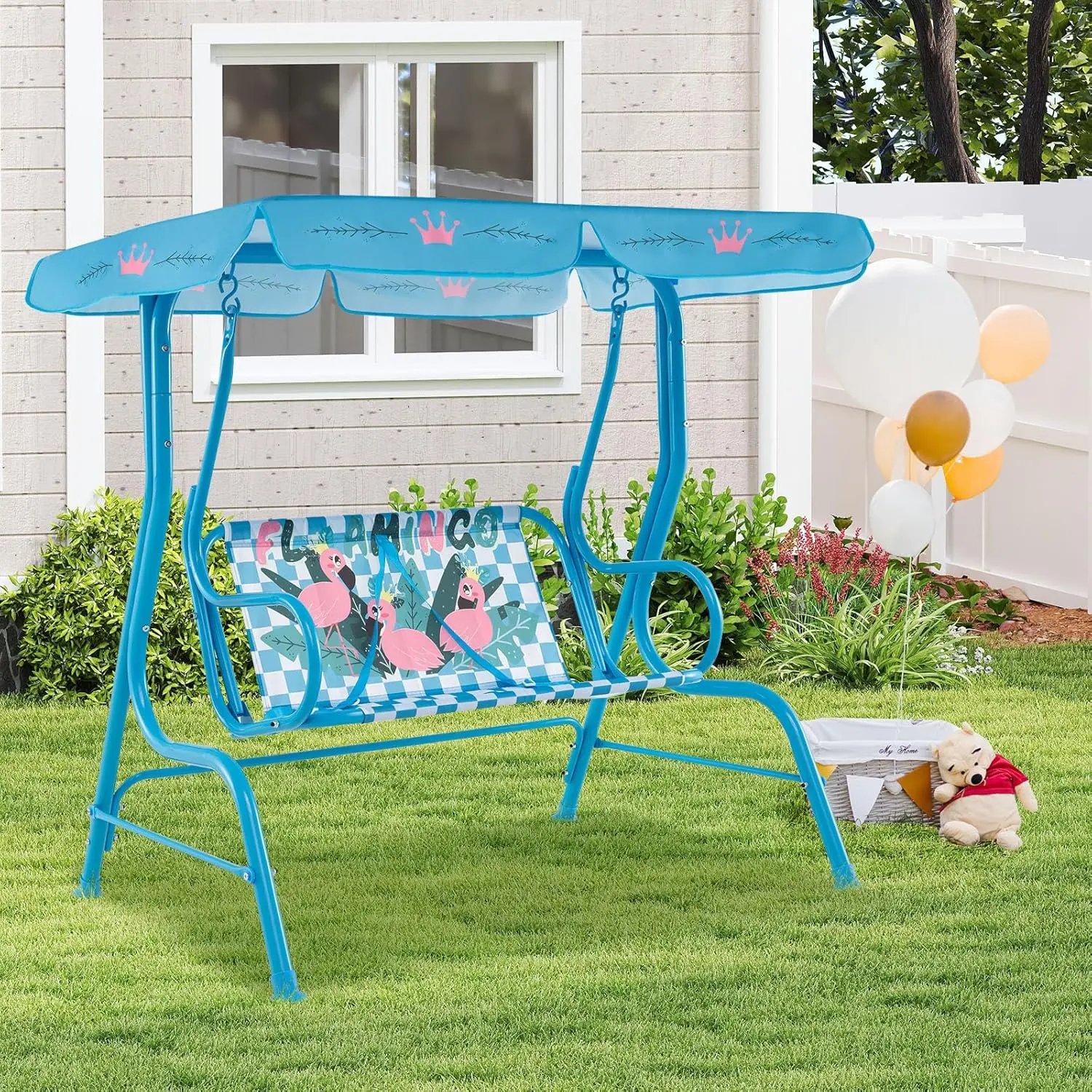 ✨Columpio infantil para patio, apto para todo tipo de clima, hamaca doble para porche (con toldo desmontable), banco columpio para exteriores