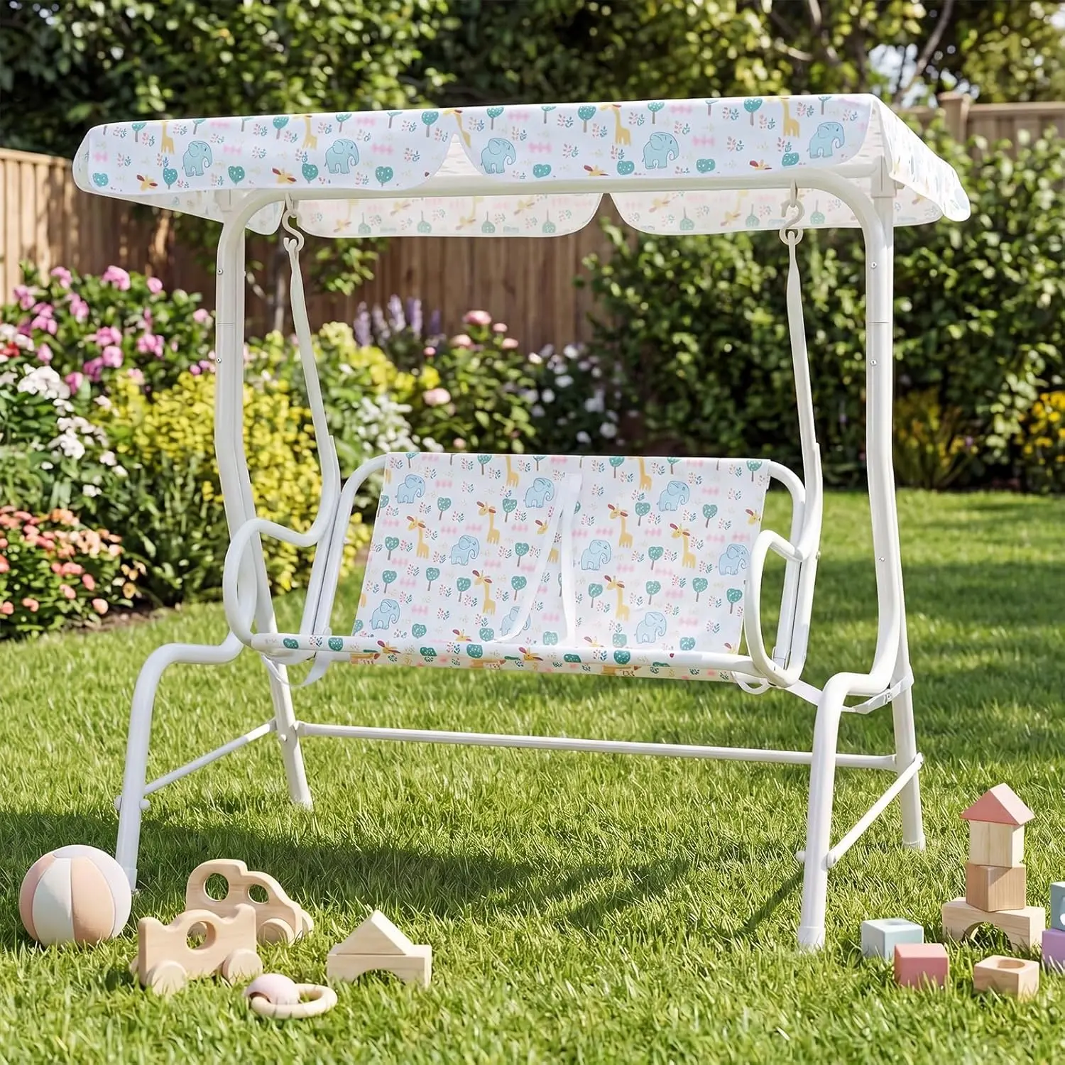 ✨Columpio infantil para patio, apto para todo tipo de clima, hamaca doble para porche (con toldo desmontable), banco columpio para exteriores