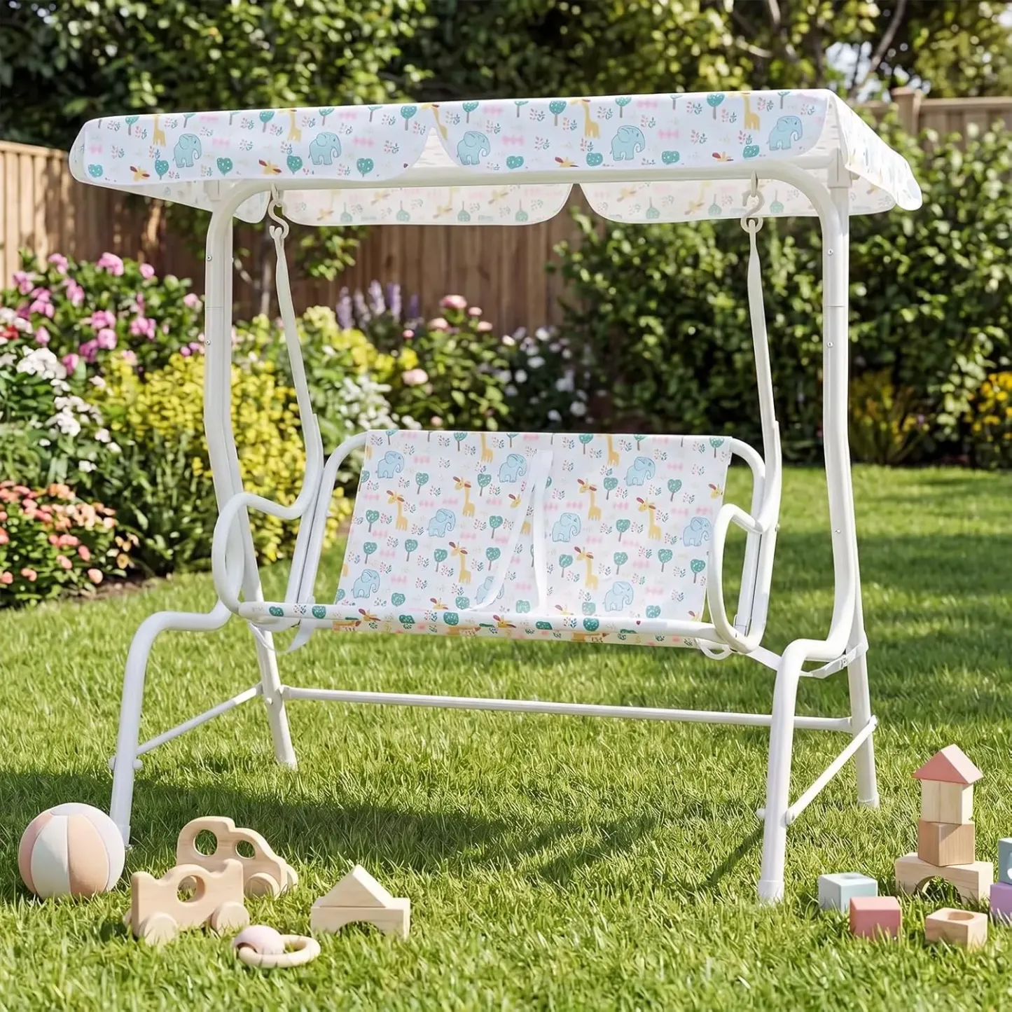 ✨Columpio infantil para patio, apto para todo tipo de clima, hamaca doble para porche (con toldo desmontable), banco columpio para exteriores