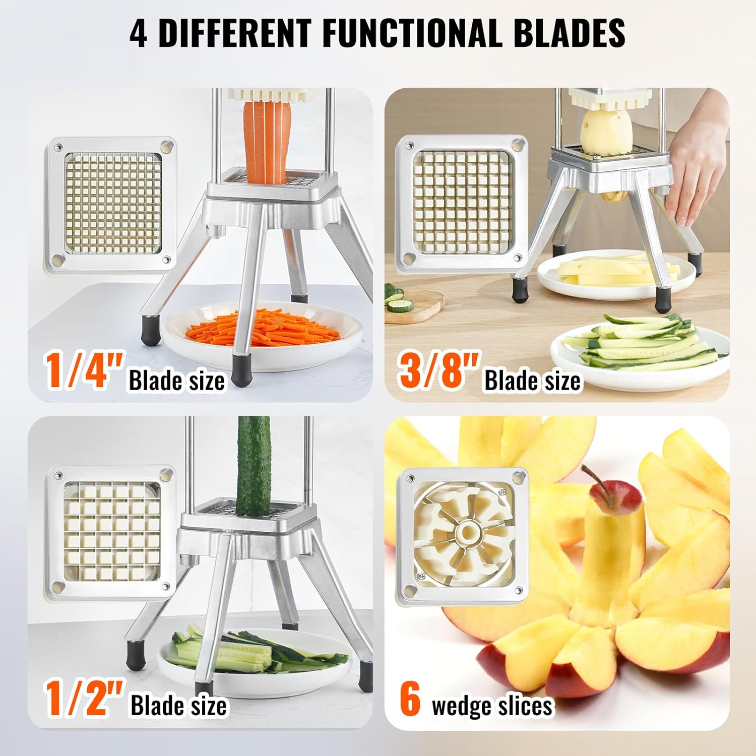 VEVOR - Picador comercial de verduras con 4 cuchillas de repuesto, cortador de patatas francesas de acero inoxidable y cortador de frutas para restaurantes y cocina casera