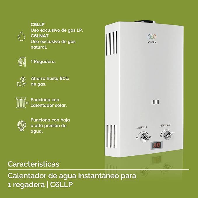 AVERA Calentador de Agua Instantaneo para 1 Regadera GAS LP, Perillas Reguladoras, (Ahorra Hasta 80% de Gas y Disfruta de Agua Caliente al Instante), Boiler de Paso, Capacidad 6 Litros/Minuto, C6L