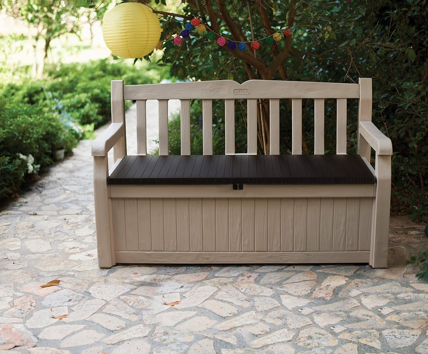 Keter Banco de jardín Eden, Caja de Almacenamiento de Jardin, Cerradura, Polipropileno, Blanco y Marrón