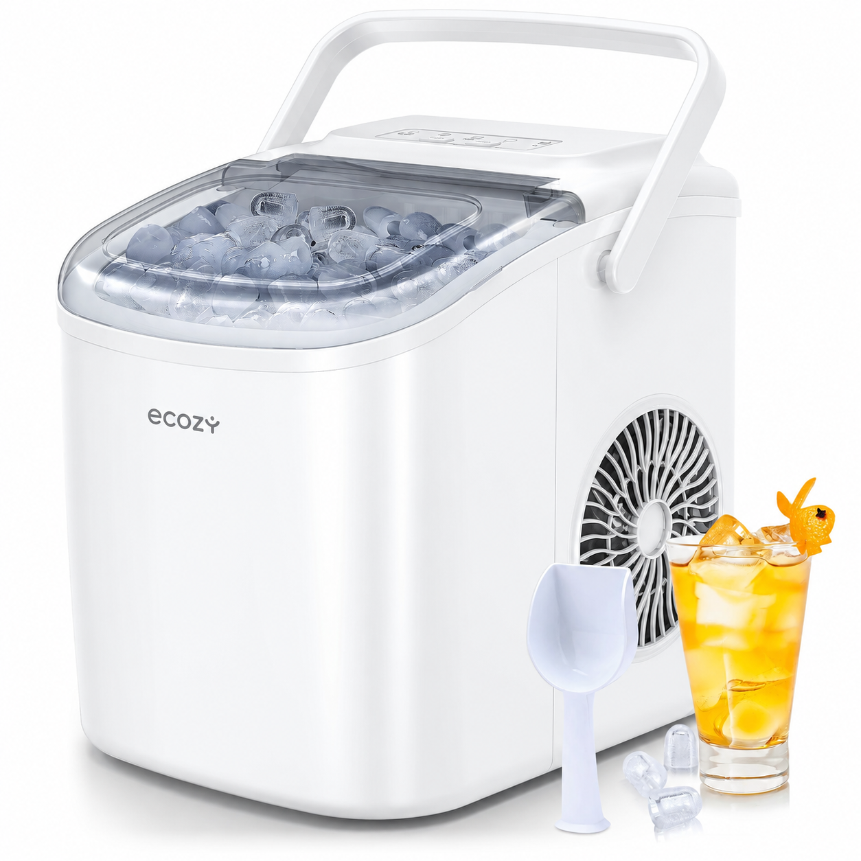 ecozy Maquina de Hielo Portatil, 9 Cubos Tipo Bala en 6 Min, Hasta 12Kg/Día | Máquina de Hielo, Autolimpieza, 2 Tamaños de Hielo, Incluye Pala y Cesta, Ideal para Cocina, Bar, Oficina y Fiestas