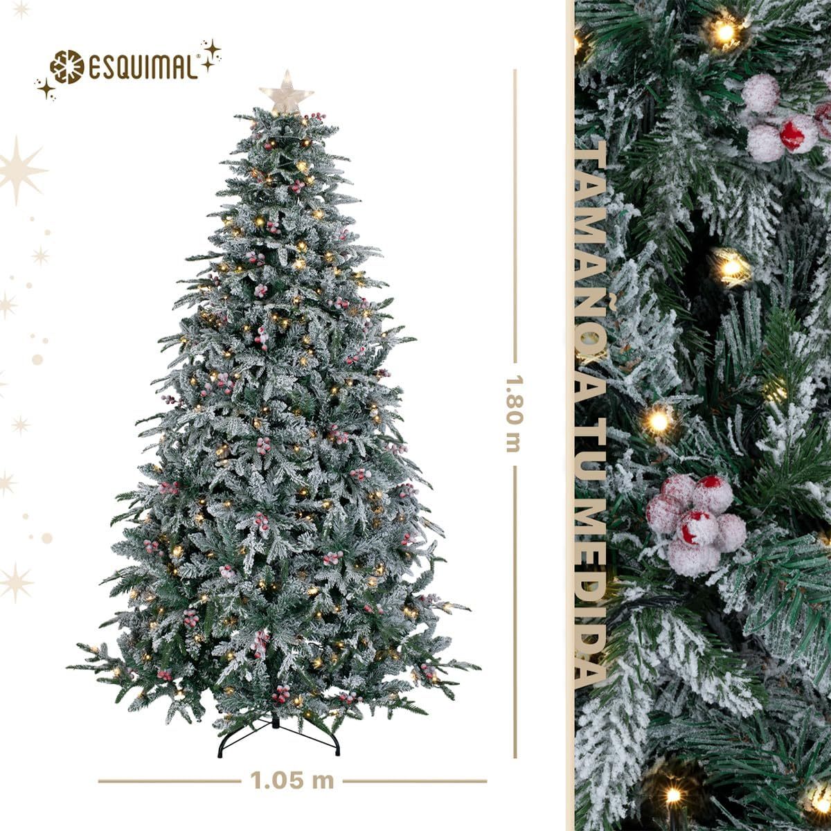 ESQUIMAL Árbol de Navidad Nevado con Luces LED 8 Modos de Iluminación + Estrella + Piñas + Bayas Rojas (1.80 m)