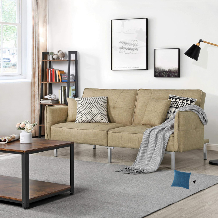 Yaheetech Sofá cama convertible moderno futón sofás, cama plegable y abajo, tela de lino reclinable para sala de estar, color gris-almohada
