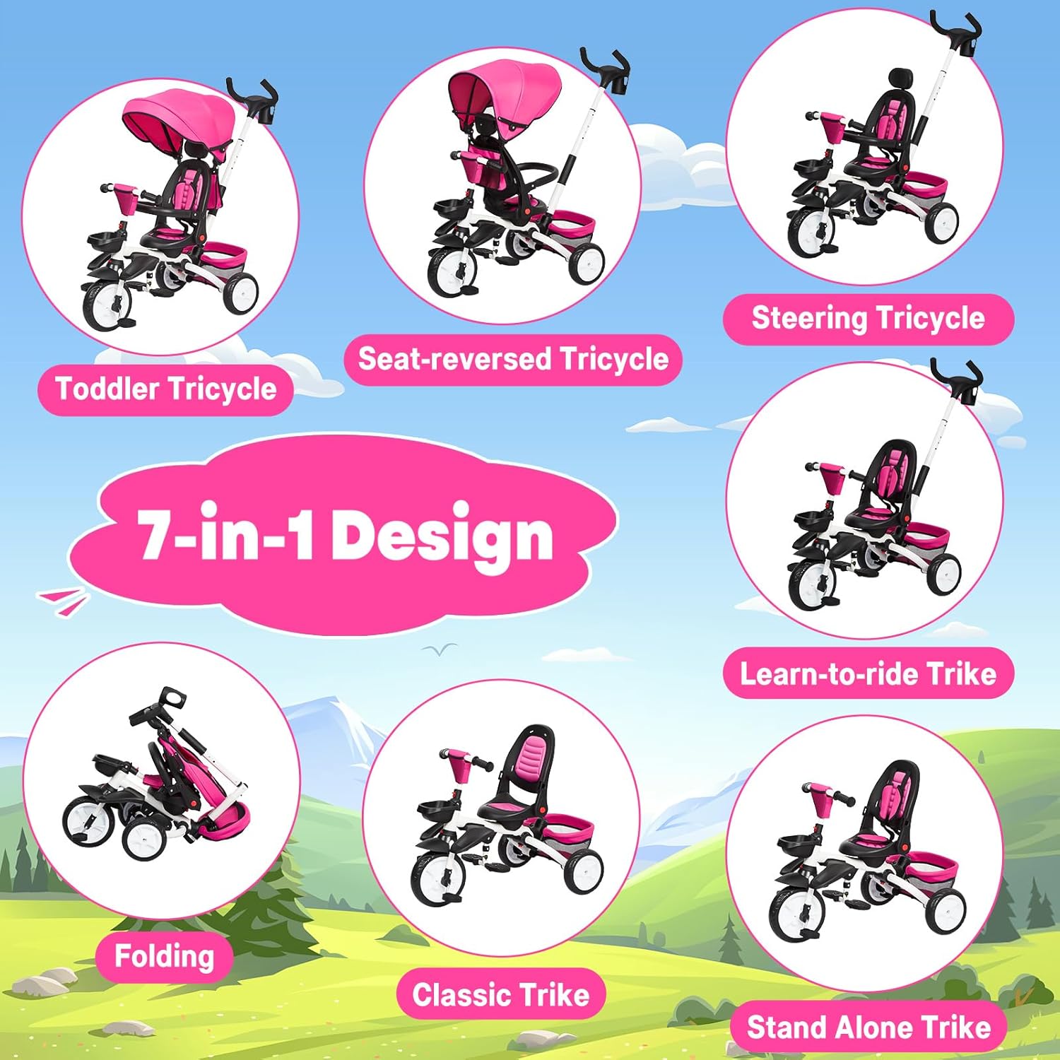 Babevy - Triciclo para bebé, 7 en 1, Plegable con Mango de Empuje Ajustable extraíble, toldo, Asiento Giratorio, arnés de Seguridad, portavasos y Almacenamiento, Triciclo para niños de 1 a 5 años