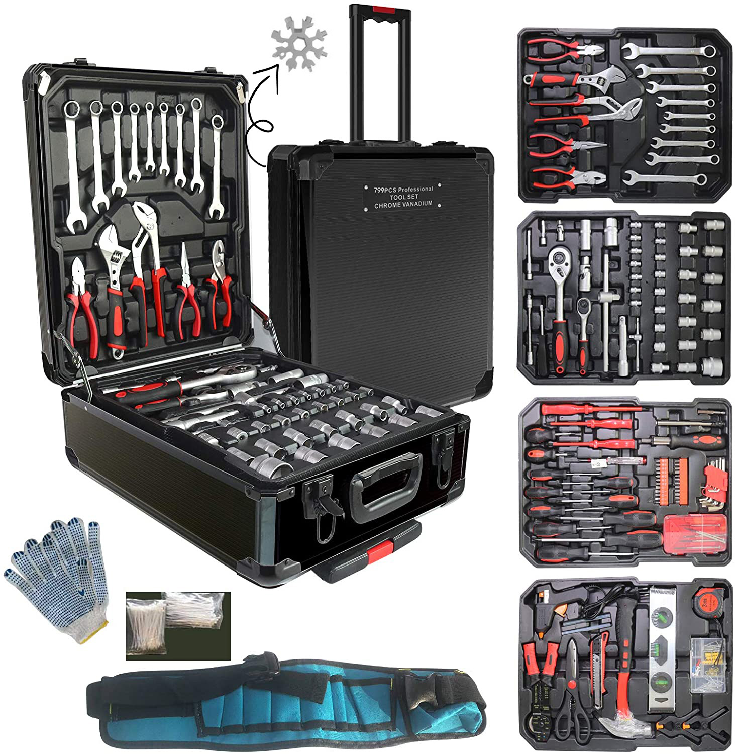 Arcwares Juego de herramientas de aluminio de 799 piezas, color plateado, juego de herramientas de mano para el hogar, con cinturón de herramientas, regalo en el día del padre (negro)