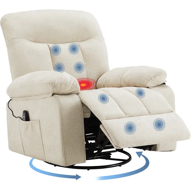 Sillón Reclinable Giratorio con Masaje y Calefacción, Respaldo Ajustable y Tapizado de Chenille
