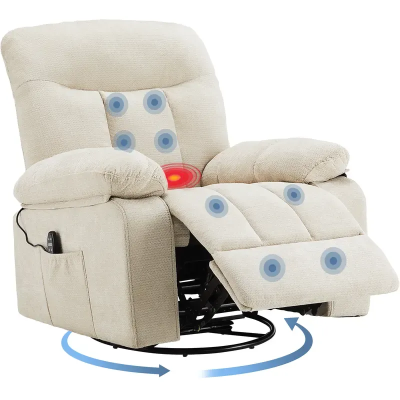 Sillón Reclinable Giratorio con Masaje y Calefacción, Respaldo Ajustable y Tapizado de Chenille