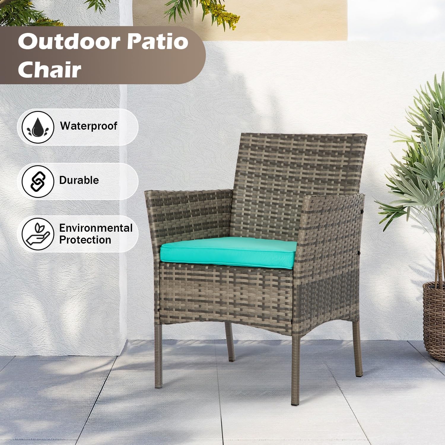 FDW - Juego de 4 muebles para exteriores, juego de conversación de mimbre con silla de ratán, mesa de centro para exteriores, interiores, jardín, patio, porche, terraza, balcón, cojines de mimbre