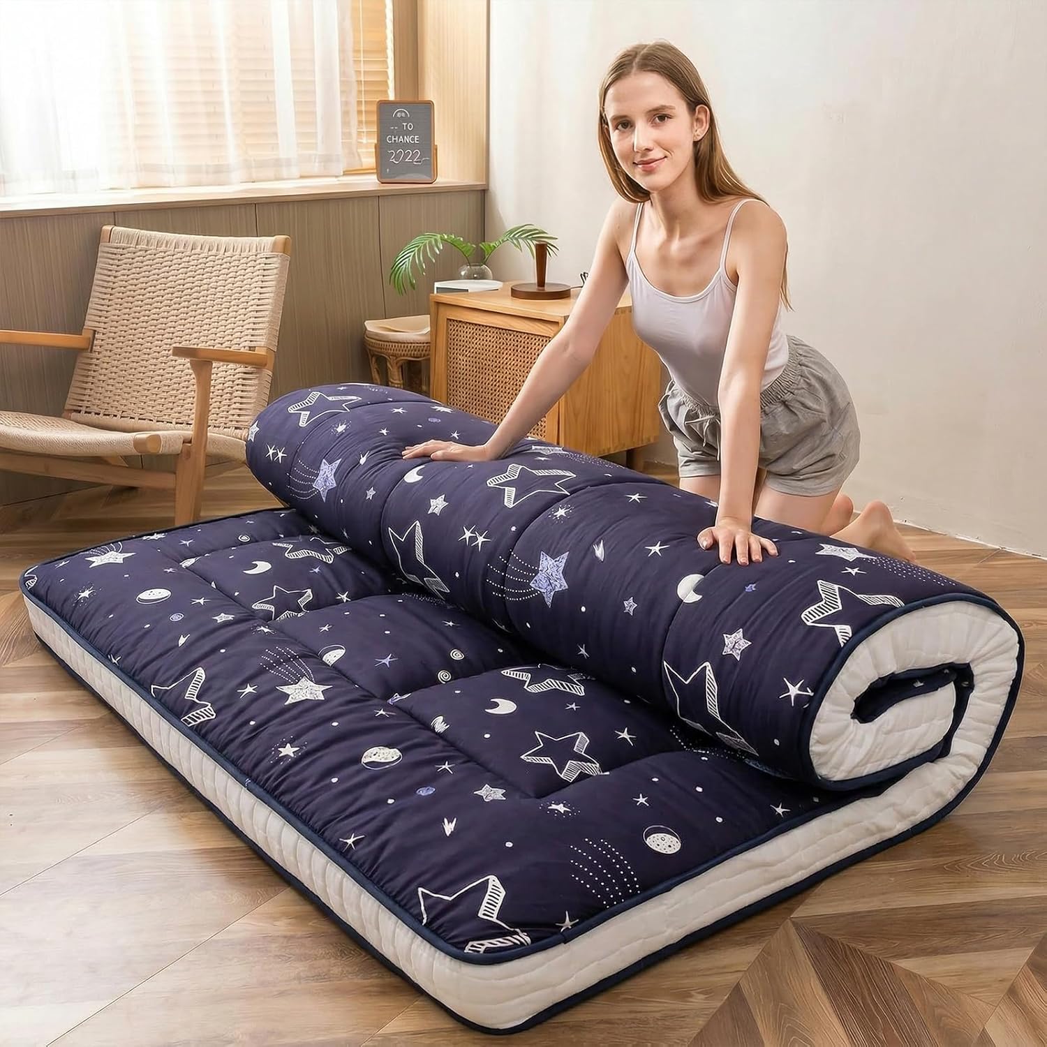 MAXYOYO - Puf plegable para sofá, cama, colchón de piso para adultos, extra grueso, 6 pliegues, sofá para recámara, sala de estar, beige, 135 x 240 cm