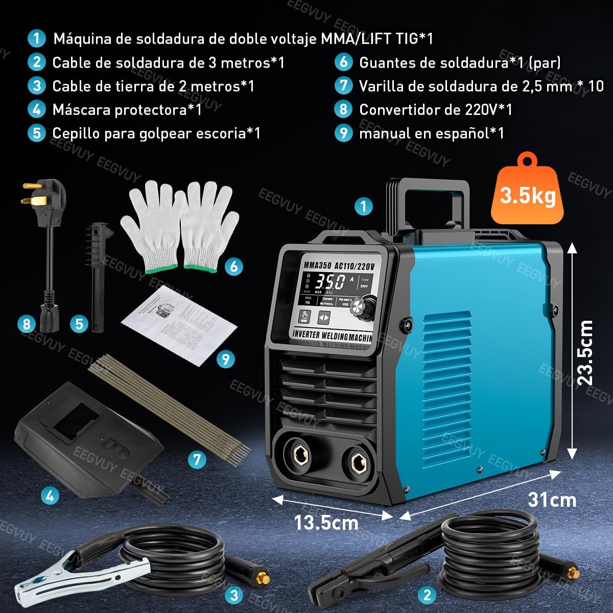 Máquina de Soldar Inverter 2 en 1, 350A, Dual Voltaje 110V/220V, MMA/TIG, Control Digital, Arco Estable con Funciones de Protección y Sistema de Disipación de Calor Eficiente