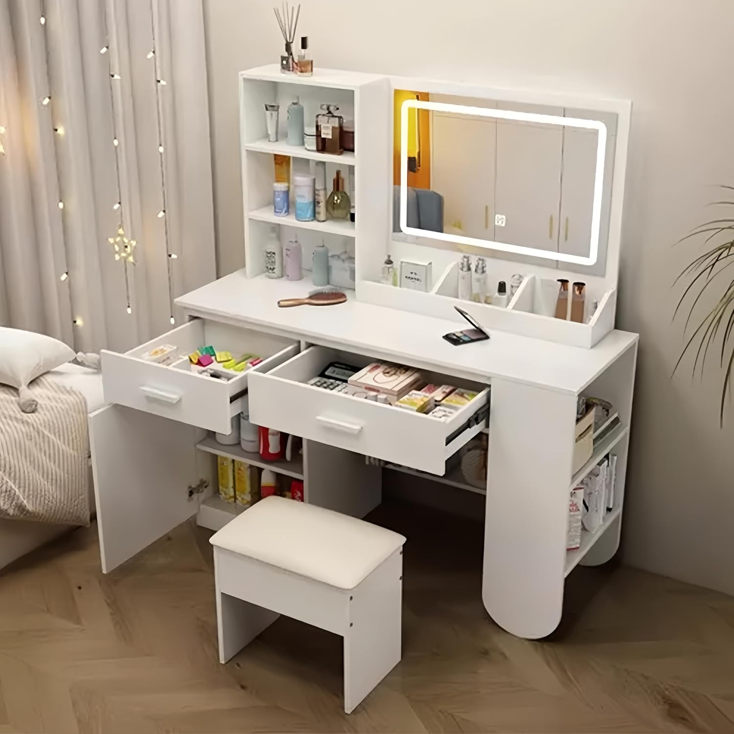 Tocador Vanity de Maquillaje con Espejo,Vanity Tocador con 2 Cajones,Estantes de Almacenamiento,Taburete Acolchado,Tocador con 3 Estantes, Mesa de Maquillaje para Dormitorio 40X100X132CM(Madera)