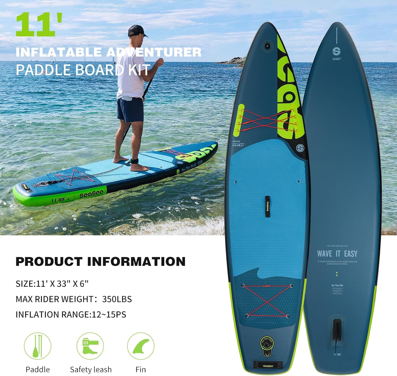 SEASEESUP Tablas de Remo inflables con Accesorios Sup, Tabla de Remo de 12 pies, Duradera, Ligera, diseño Estable de 33 Pulgadas de Ancho para Adultos con sobrepeso
