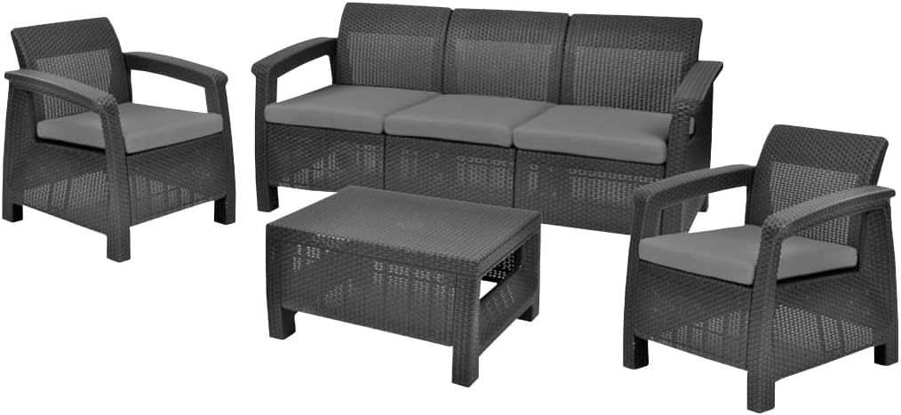 Keter Set de jardín Corfu, 4 Piezas, Sillon Dos plazas de Jardin Estilo ratán, Color Grafito
