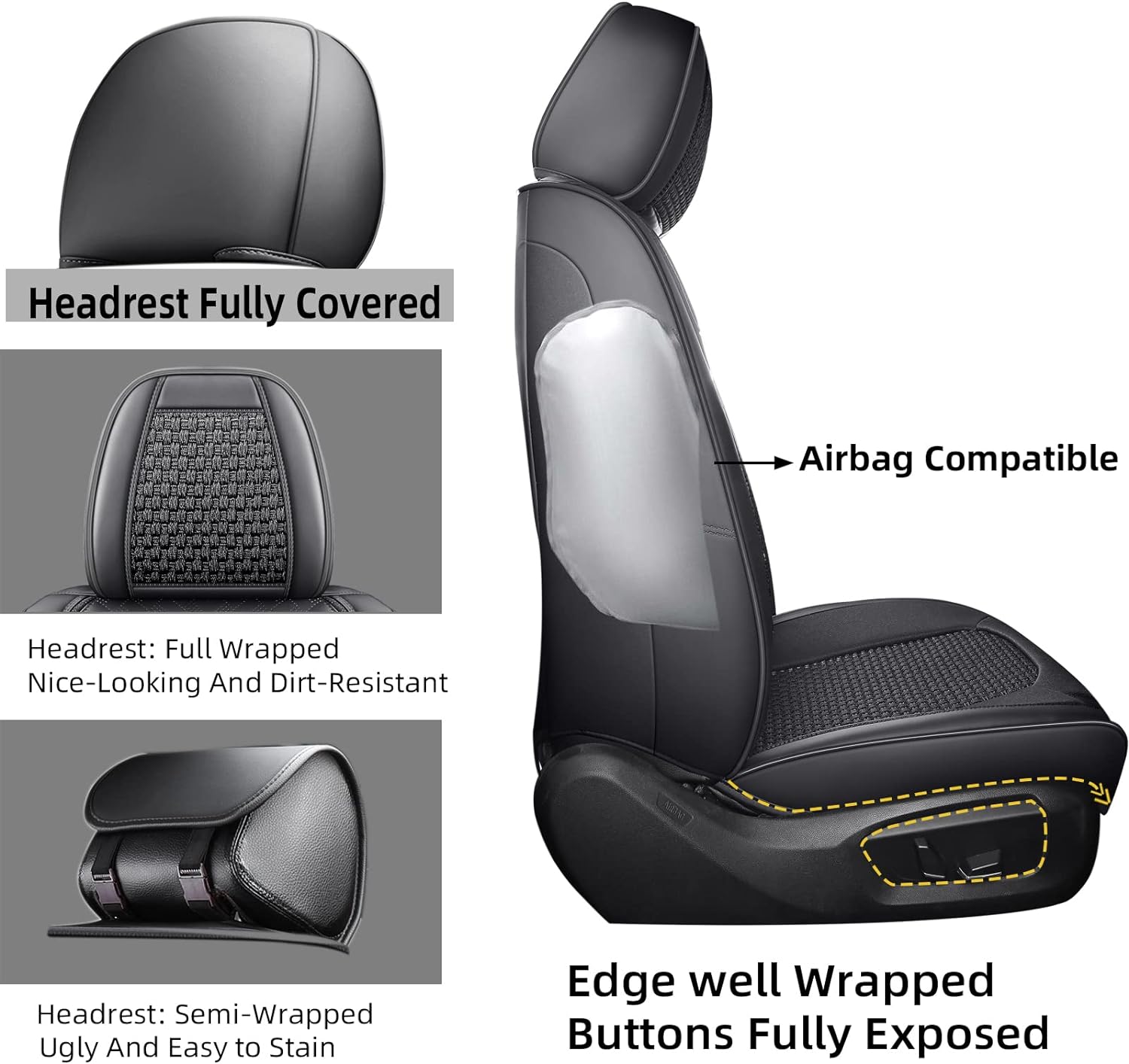 hikeaglauto Juego completo de fundas de asiento de coche, de piel sintética para autos, SUV, súper transpirables, universales, para la mayoría de los sedanes (juego completo, negro)
