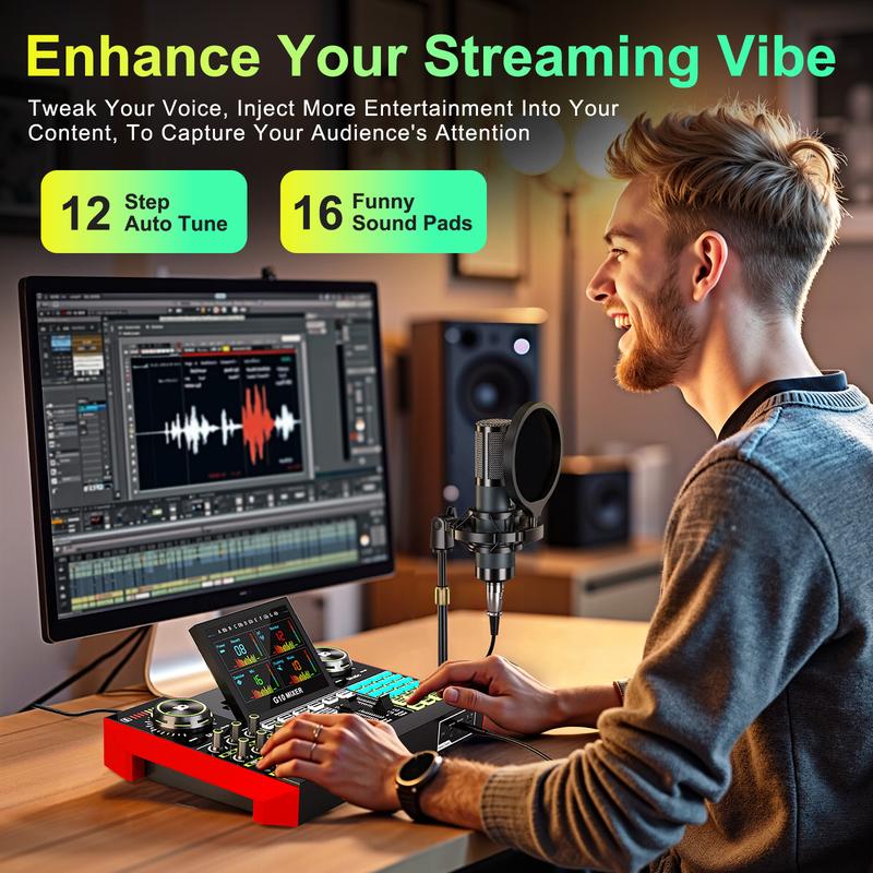 Kit de tarjeta de sonido de mezcla Tenlamp G10-P15, efectos de sonido personalizables, reducción de ruido de dos niveles, equipado con un micrófono de condensador, adecuado para transmisión en vivo, juegos, canto, podcasting y más.