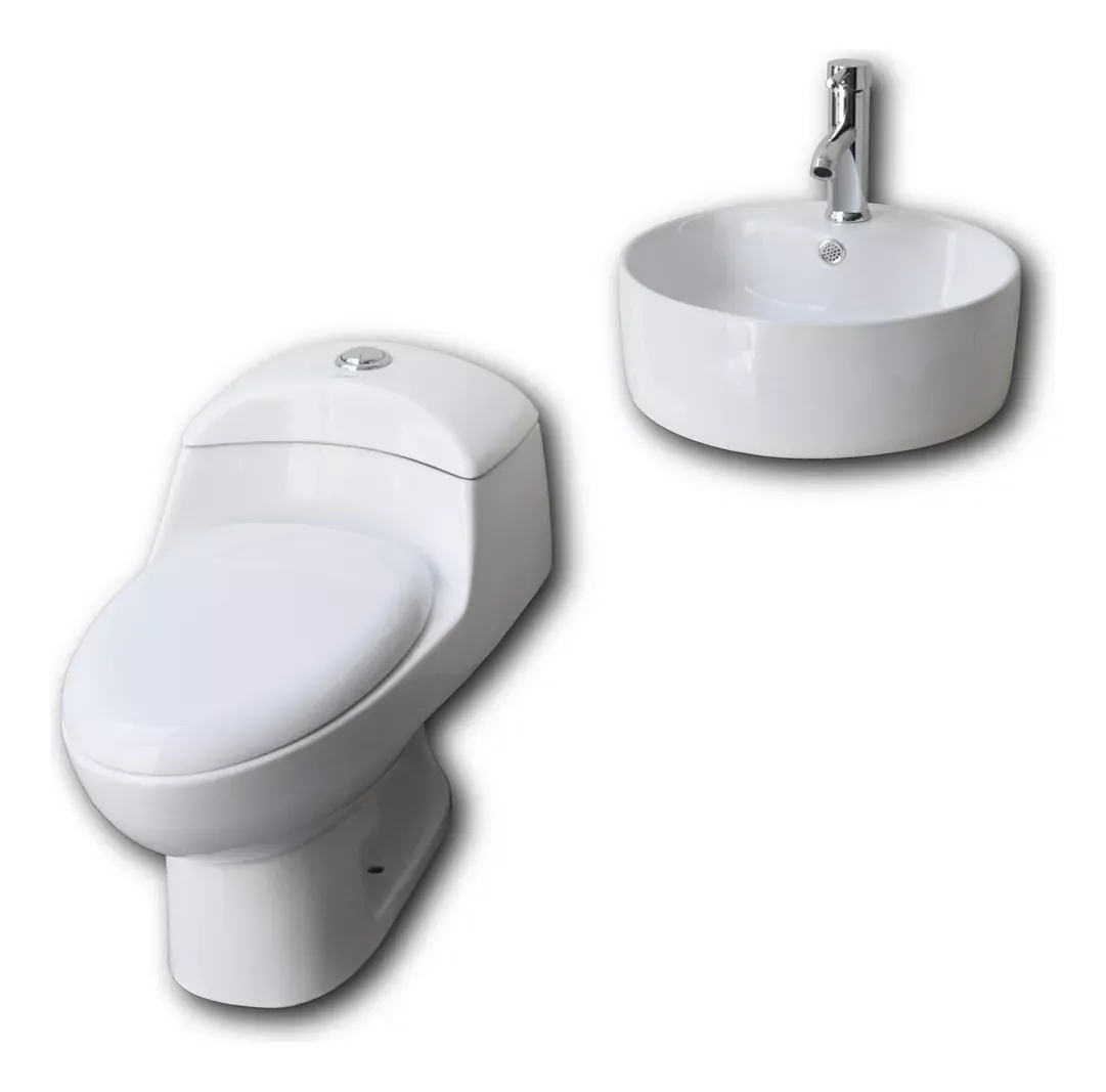 Esatto® Paquete Sanitario Y Lavabo Llave Gratis Wc-002 Rondo Incluye Wc Ecológico One-piece Ovalin Redondo Y Monomando