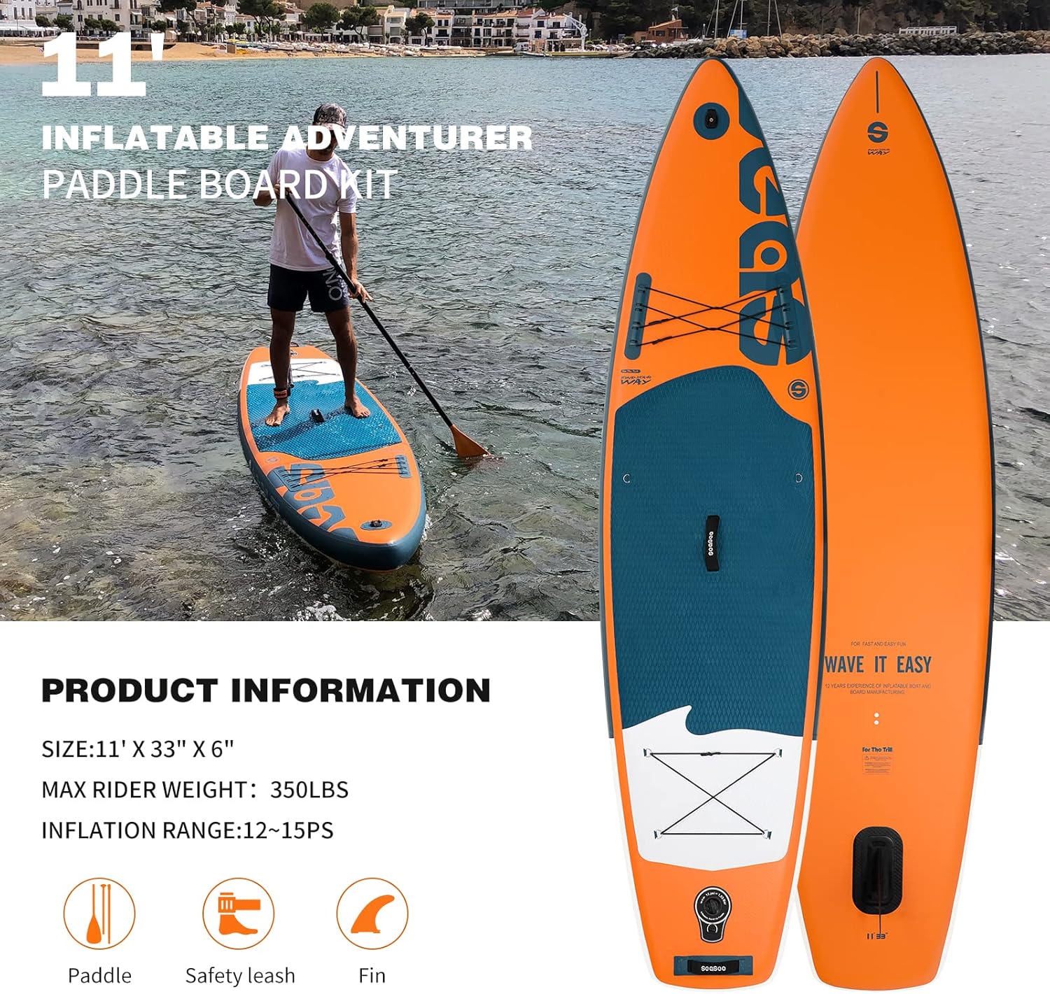 SEASEESUP Tablas de Remo inflables con Accesorios Sup, Tabla de Remo de 12 pies, Duradera, Ligera, diseño Estable de 33 Pulgadas de Ancho para Adultos con sobrepeso