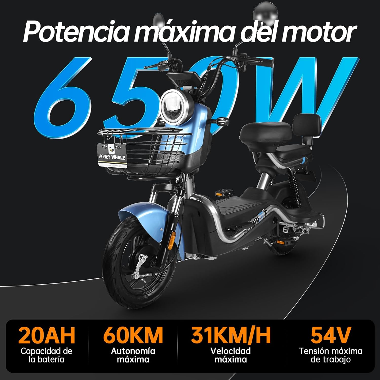 HONEYWHALE U3s Bicicleta Electrica para Adultos, Bicimoto Eléctrica con Alarma, Máxima del Motor 650W, Velocidad Máxima 31KM/H, Autonomía 55-60KM, Baterías de Gran Capacidad de 20AH, Dos Asientos