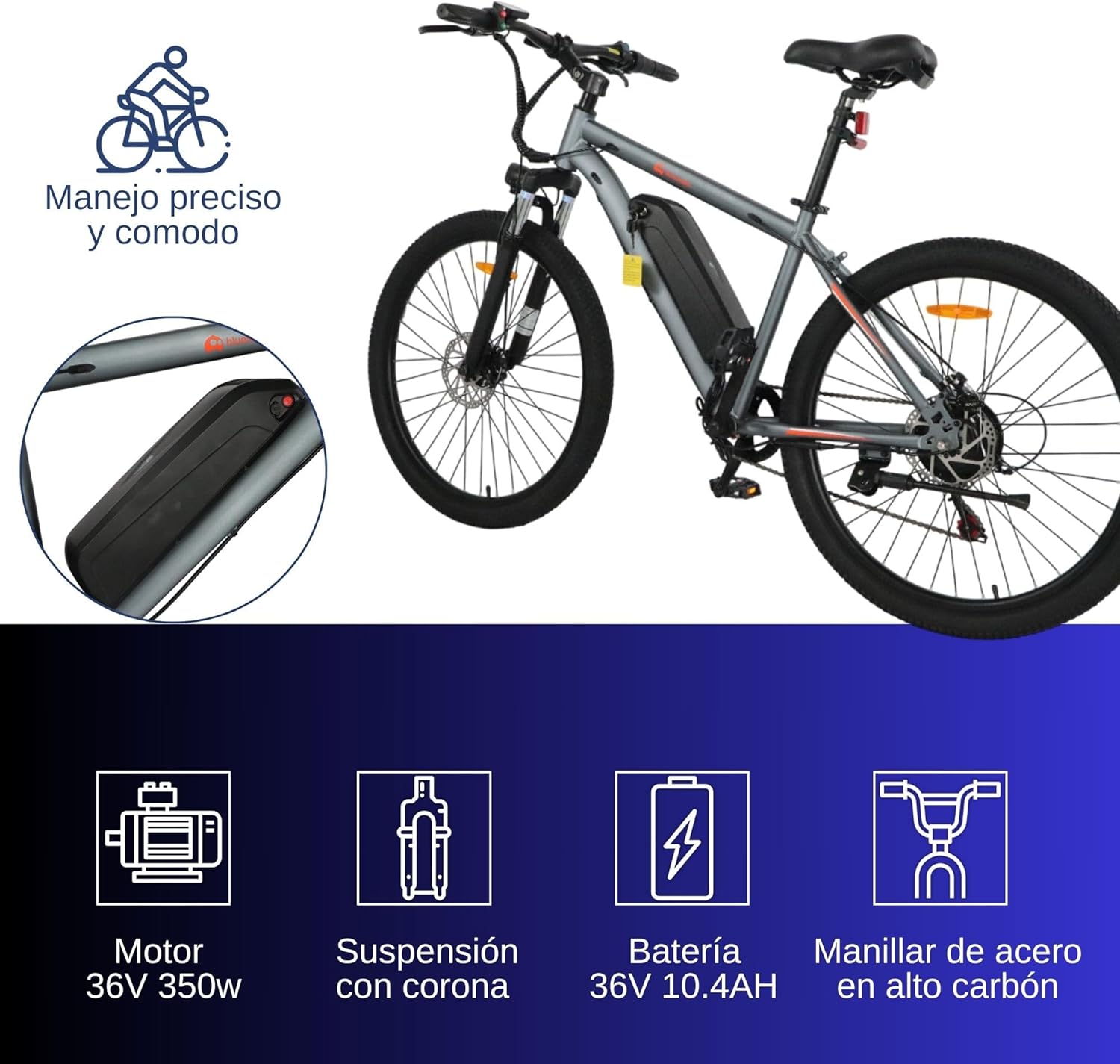Bluelander Bicicleta Eléctrica para Adultos, Bicicleta Electrica Rodada 26, Velocidad Máxima de 32 km/h, 7 Velocidades, Potencia del Motor de 36 V/350 W, Pantalla, Frenos de Disco
