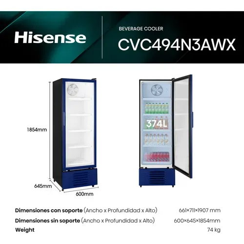 Hisense CVC494N3AWX Congelador vertical con puerta de cristal,13 pies cúbicos,Refrigerante Eco-friendly,Sistema de Ventilación Anticondensación,60x65x185cm(AnchoxLargoxAlto)