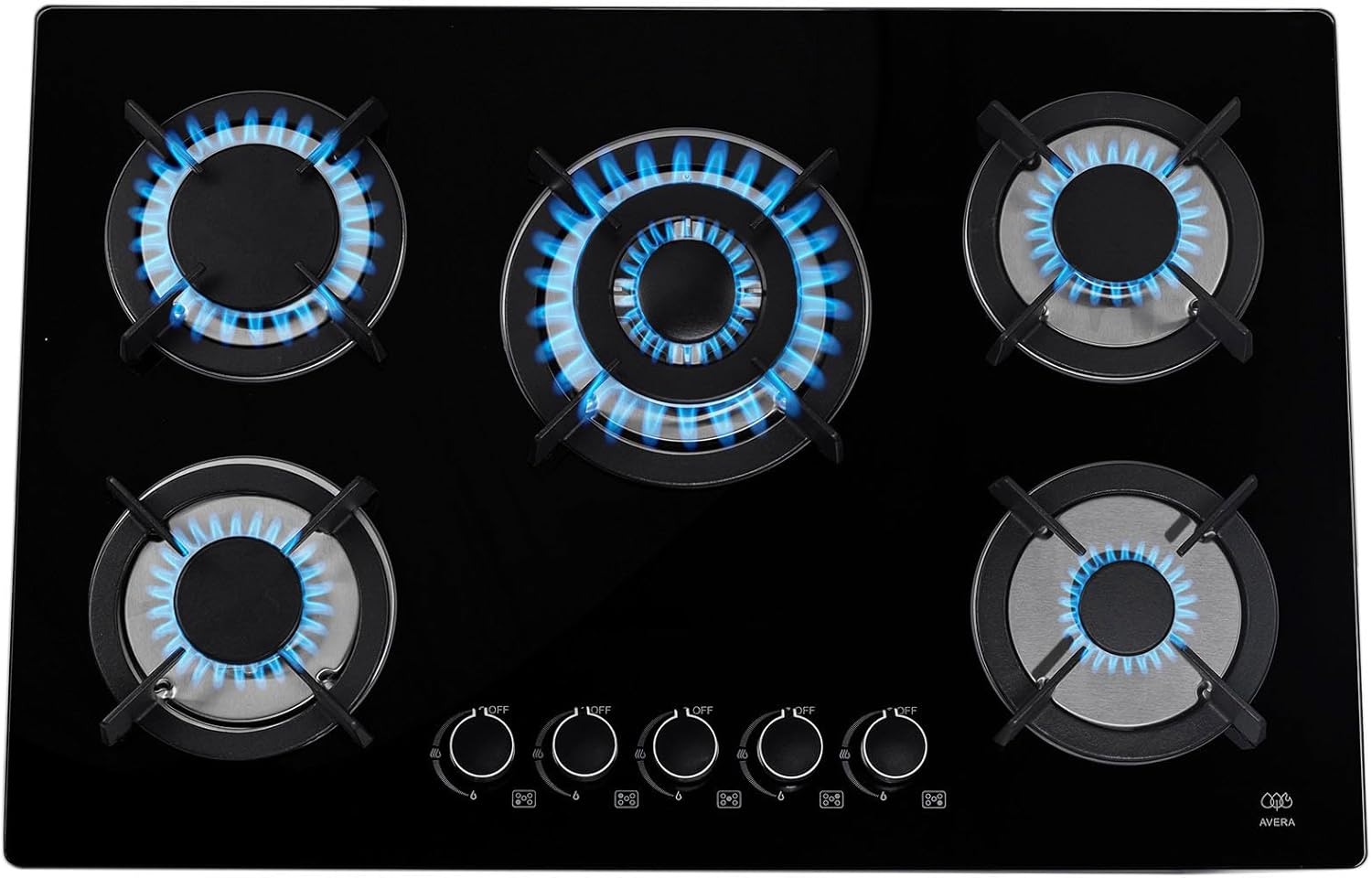 AVERA Parrilla de Gas 5 Quemadores, Vidrio Templado Negro 77cm (Incluye accesorios para Instalarla) Empotrable, Encendido Electronico, Perillas Metalicas, Estufa Empotrable, para Gas LP y Natural, VT5