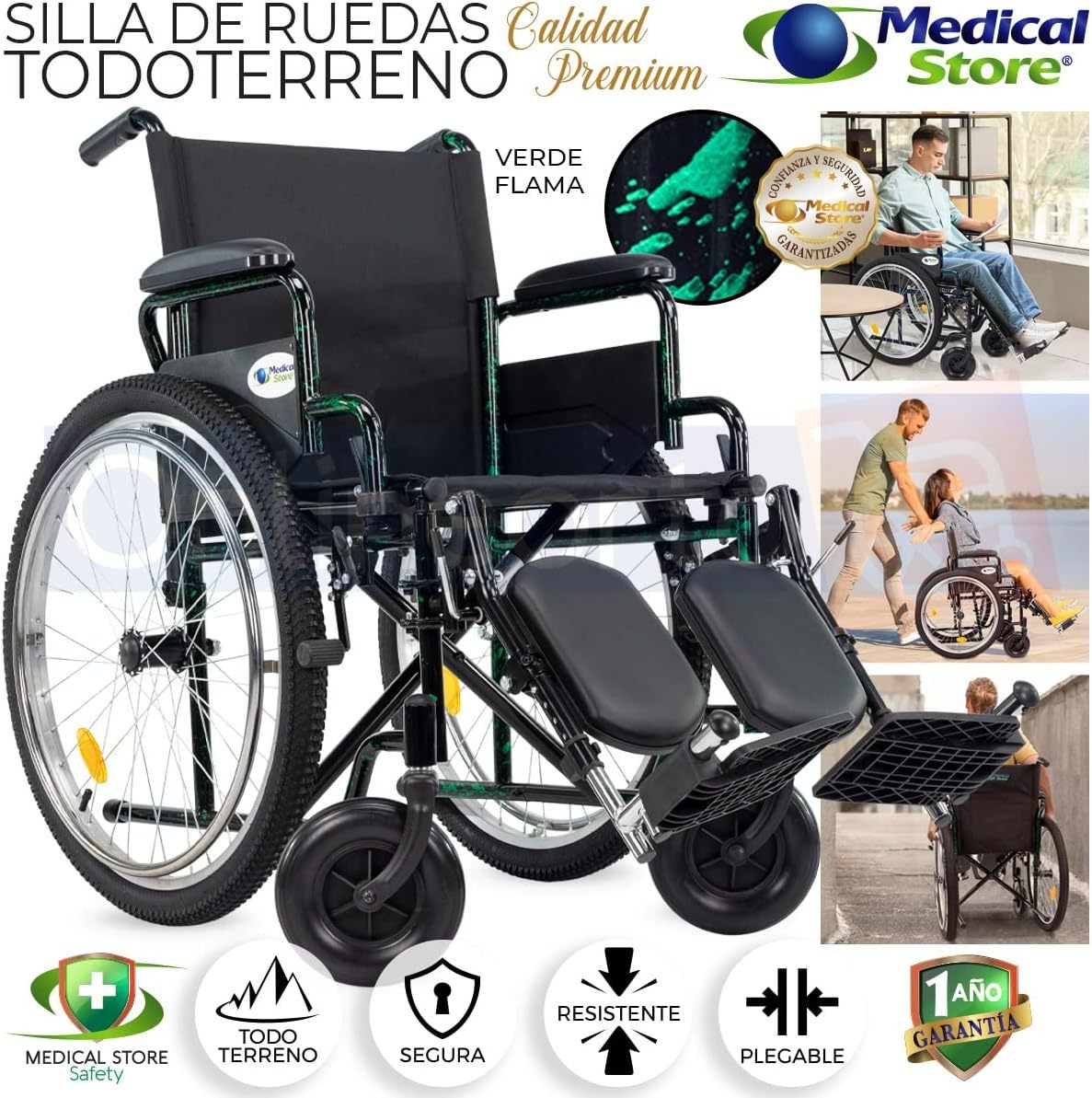 Medical Store Silla de Ruedas TODO TERRENO de Lujo, Modelo 101, Acero Resistente, Con Eleva piernas Desmontables y Descansabrazos Abatibles Color Rojo.…