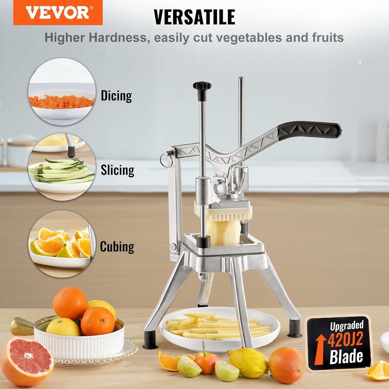 VEVOR - Picador comercial de verduras con 4 cuchillas de repuesto, cortador de patatas francesas de acero inoxidable y cortador de frutas para restaurantes y cocina casera