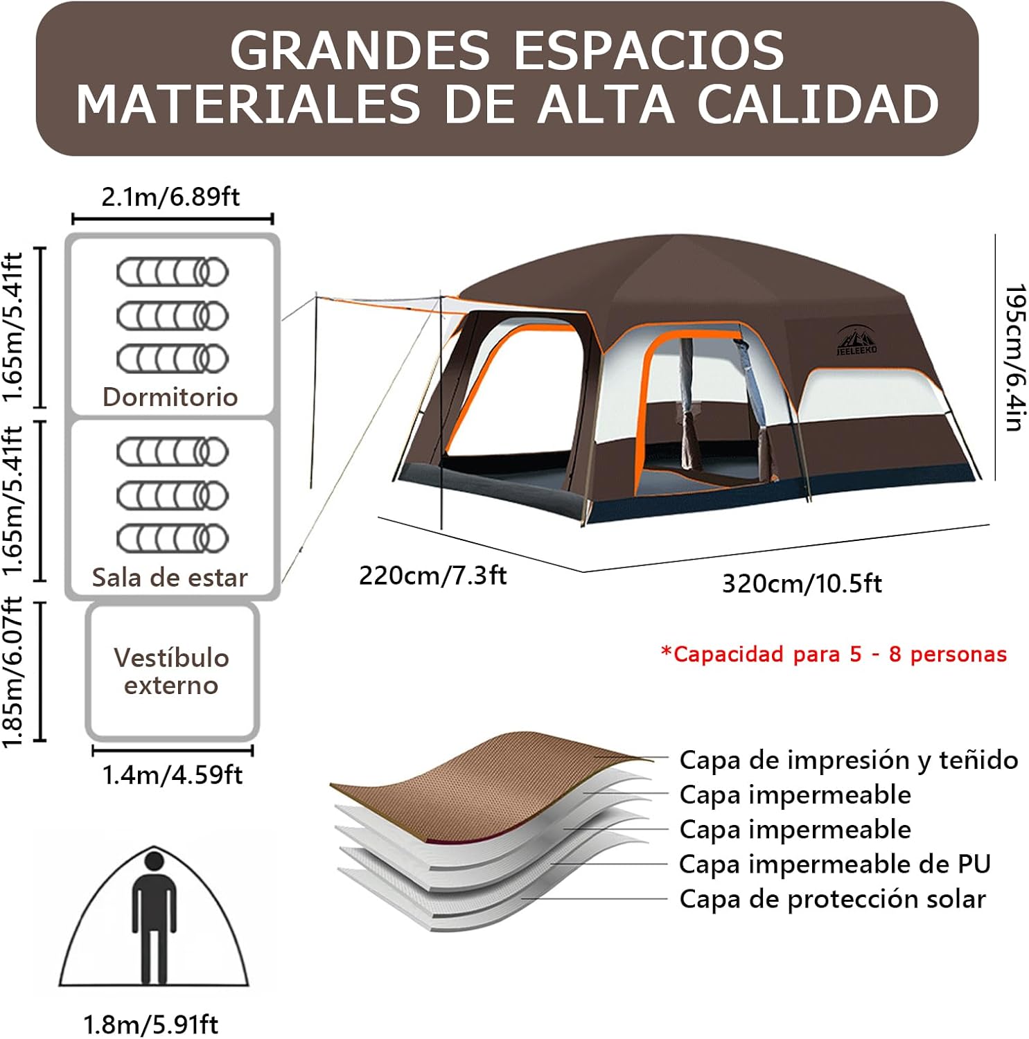 JeeLeeko Casa de CampaÃ±a PortÃ¡til,Tienda de CampaÃ±a para 5-8 Personas,Tienda Familiar de FÃ¡cil InstalaciÃ³n,Tienda para Acampar Impermeable con Alfombra de Piso y Toldo de Puerta,Adecuado para Al Aire