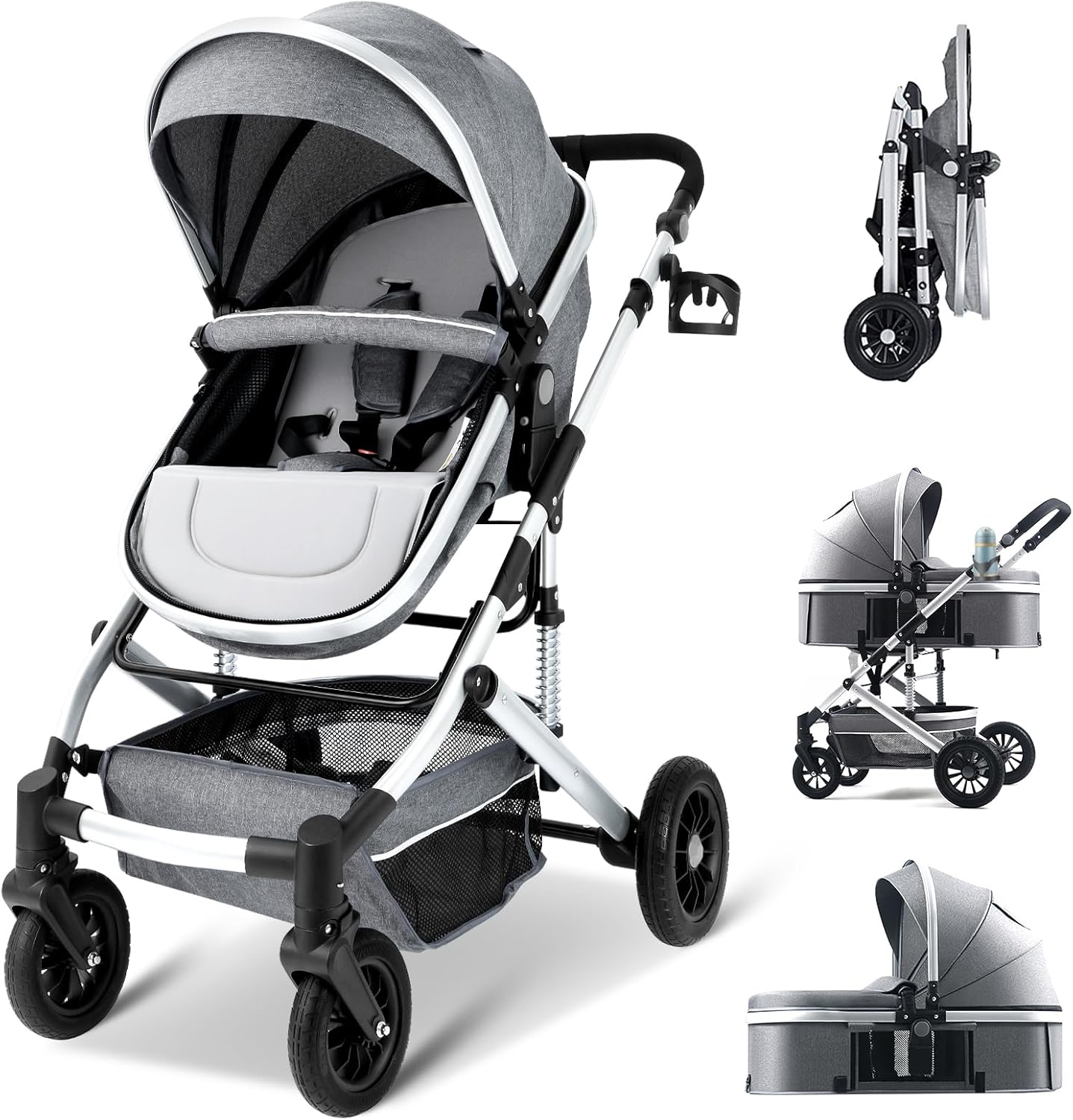 VANGUA Carriola para Bebé con Diseño de Amplia Vista, Llantas de Caucho a Prueba de Explosiones, Sistema de Amortiguadores Atenuantes, Asiento con Dirección Ajustable, Reclinable Multi Posición, Toldo Protector Solar, Ventana de Ventilación, Estructura