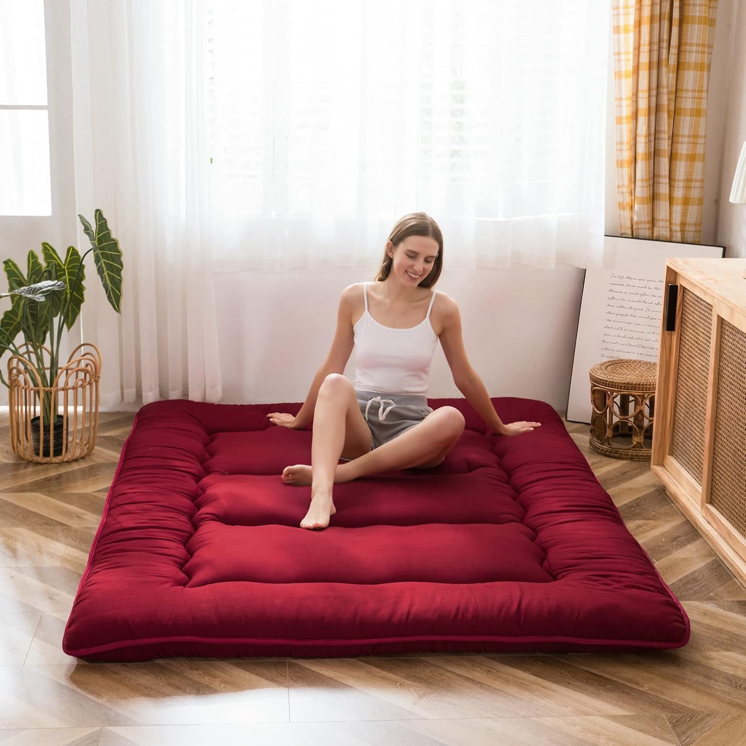 MAXYOYO - Puf plegable para sofá, cama, colchón de piso para adultos, extra grueso, 6 pliegues, sofá para recámara, sala de estar, beige, 135 x 240 cm