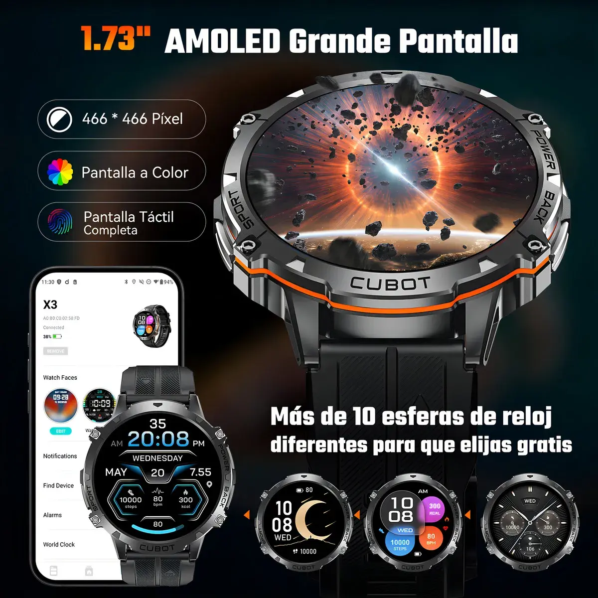 CUBOT X3 Reloj inteligente Cubot X3 Smartwatch con Llamadas y IA ChatGPT 100 Días Batería Resistente Agua Reloj Militar​ para Hombre Negro A