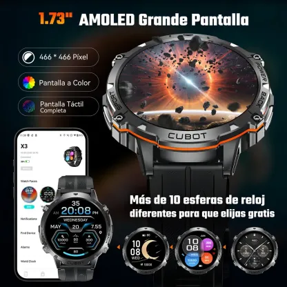 CUBOT X3 Reloj inteligente Cubot X3 Smartwatch con Llamadas y IA ChatGPT 100 Días Batería Resistente Agua Reloj Militar​ para Hombre Negro A
