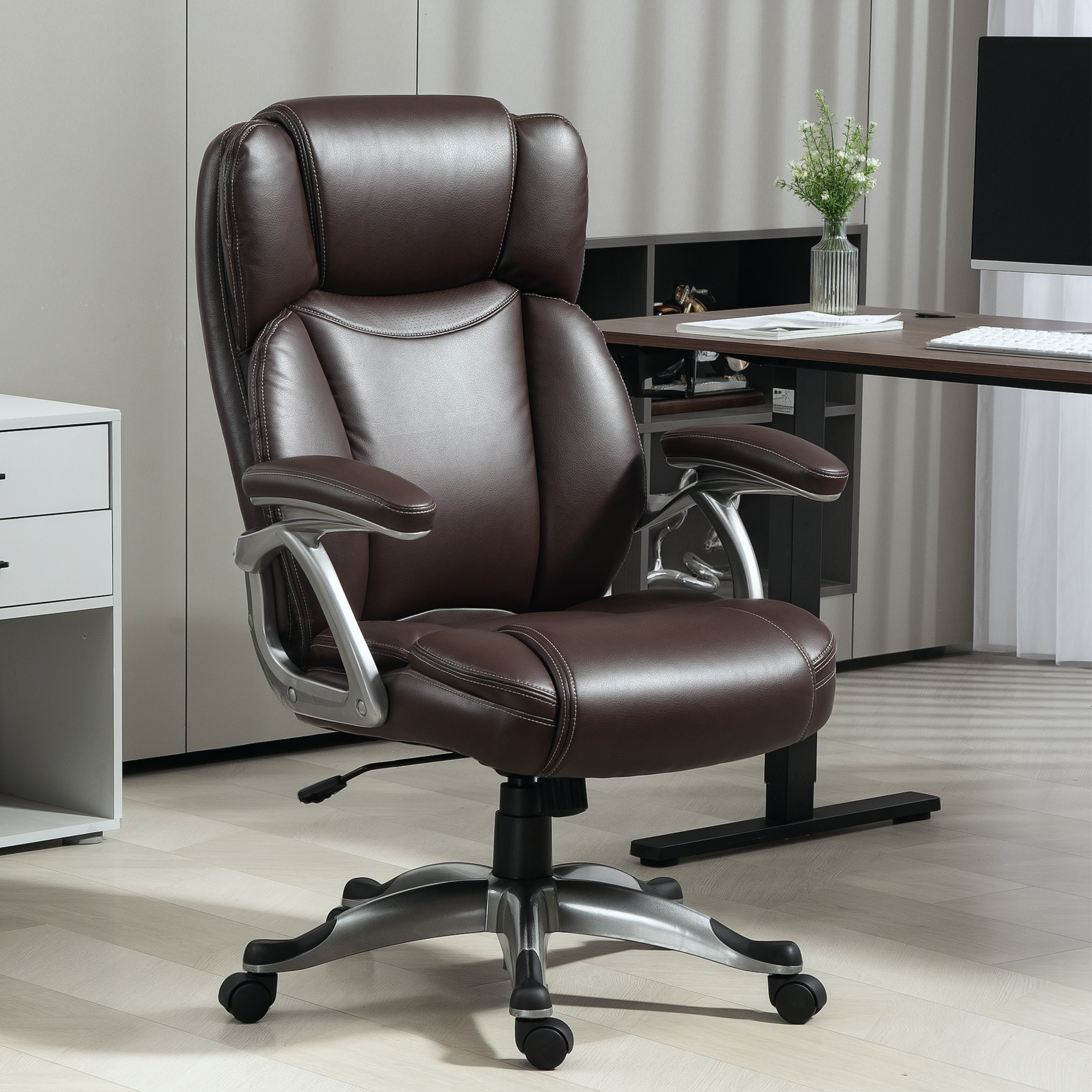 HOMCOM Silla de Oficina con Respaldo Alto, Silla de Ordenador Giratoria Inclinable