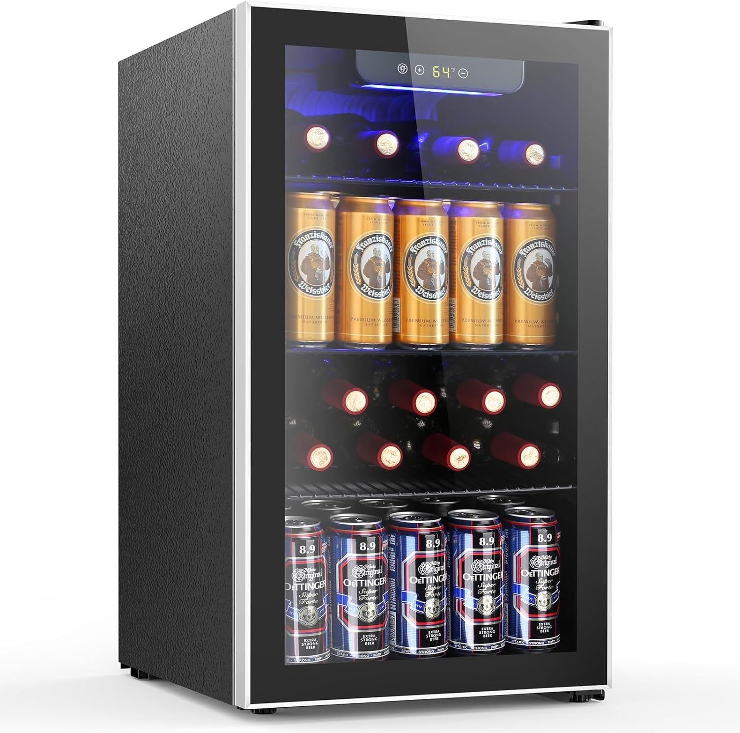 Refrigerador y Enfriador de Bebidas, Mininevera con capacidad para 48-130 latas, Enfriador compacto con pantalla digital (32~61℉), Pequeño refrigerador con 4 estantes para oficina en casa, dormitorio, garaje o sala de juegos