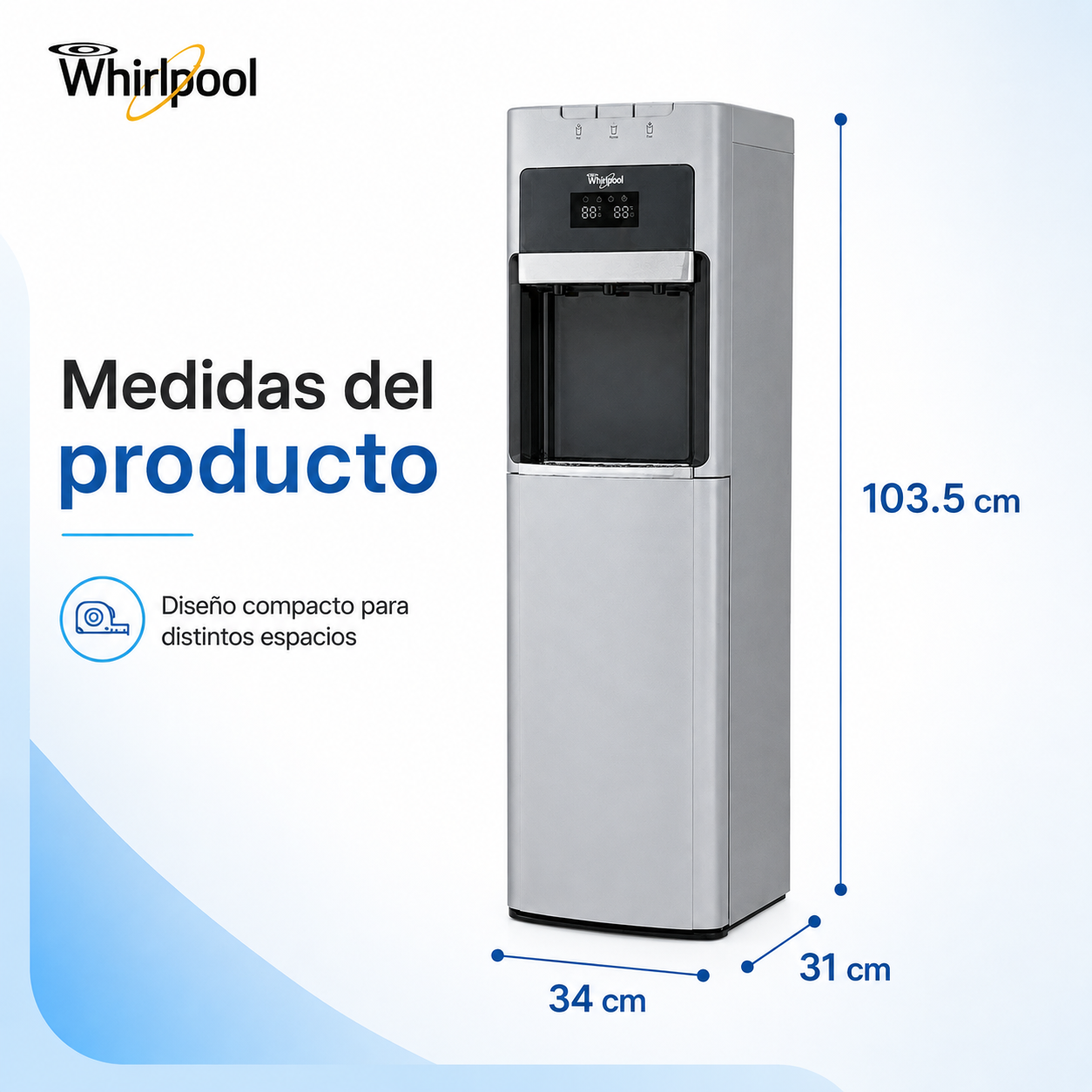 Whirlpool WK5915BD Dispensador de Agua con Garrafón Oculto, Agua Fría y Caliente, Indicador LED, Diseño Moderno