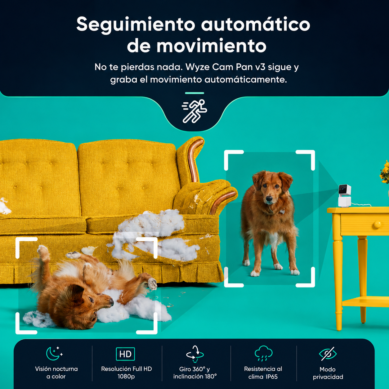 Wyze Cam Pan v3 Cámara de Seguridad para Interior y Exterior | 1080p Full HD | Visión Nocturna a Color | Resistencia IP65