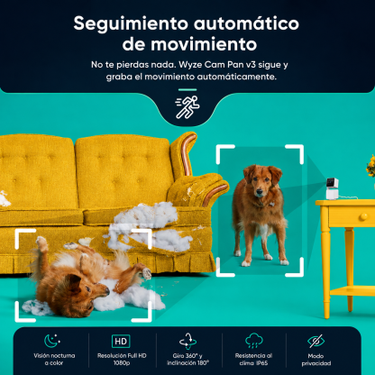 Wyze Cam Pan v3 Cámara de Seguridad para Interior y Exterior | 1080p Full HD | Visión Nocturna a Color | Resistencia IP65