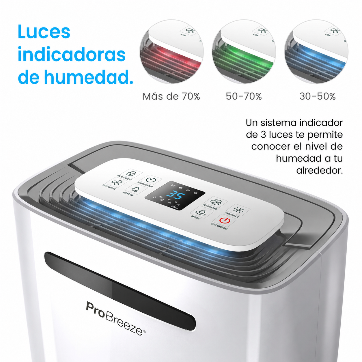 Pro Breeze Deshumidificador 50 Pintas (20 L), Compresor, Depósito Extraíble, Desagüe Continuo, Pantalla Digital, 4 Modos y Temporizador 24 h, para Habitaciones Grandes y Sótanos