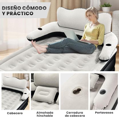 HEEDU Colchón de Aire Inflable con Cabecero, Bomba de Aire Eléctrica Inalámbrica, 2 Almohada Inflable, Inflado Rápido Automático, Cama Inflable Queen para Hogar, Viajes y Camping