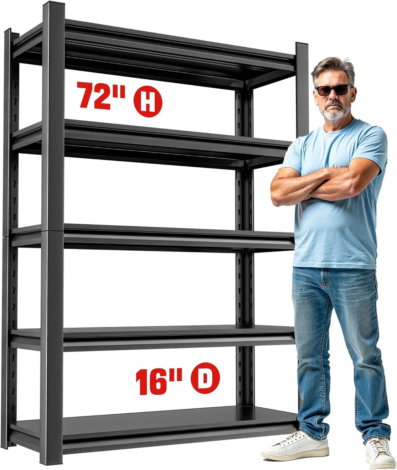 Estantería de almacenamiento para cochera, resistente – Estantes de 72 pulgadas de alto, estantes ajustables de metal de 5 niveles, estante de almacenamiento industrial para cochera, 16 pulgadas de