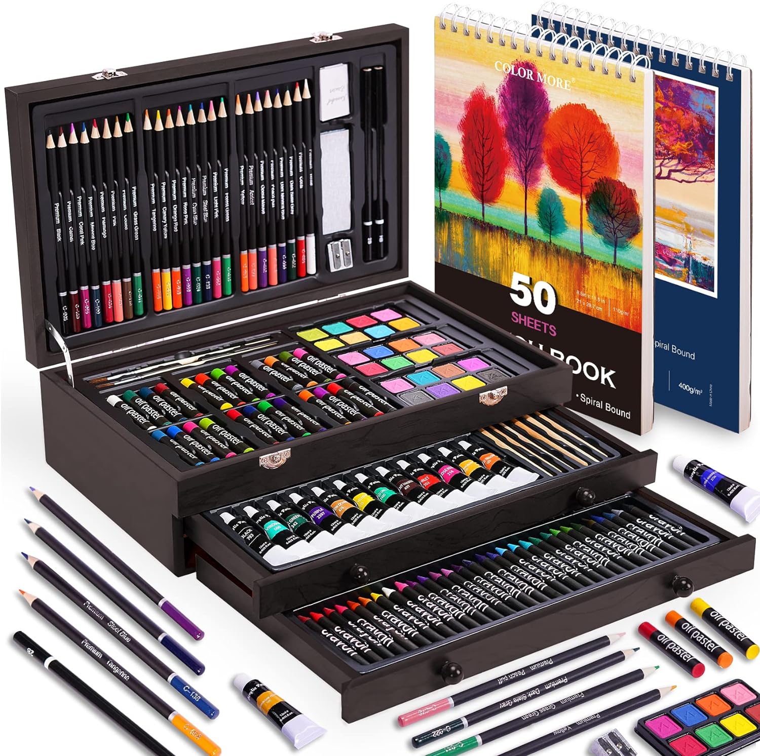 Juego de arte de lujo de 175 piezas con 2 almohadillas para orejas de dibujo, pinturas acrílicas, lápices de colores, juego de pintura en caja de madera, kit de arte profesional, suministros de arte