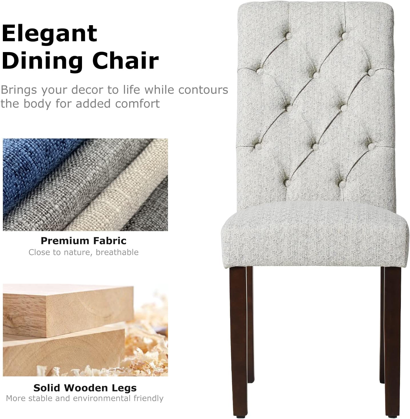 COLAMY - Juego de 6 sillas de Comedor con Botones y tapizadas, con Patas de Madera Maciza y Asiento Acolchado para Comedor, Cocina, Color Gris