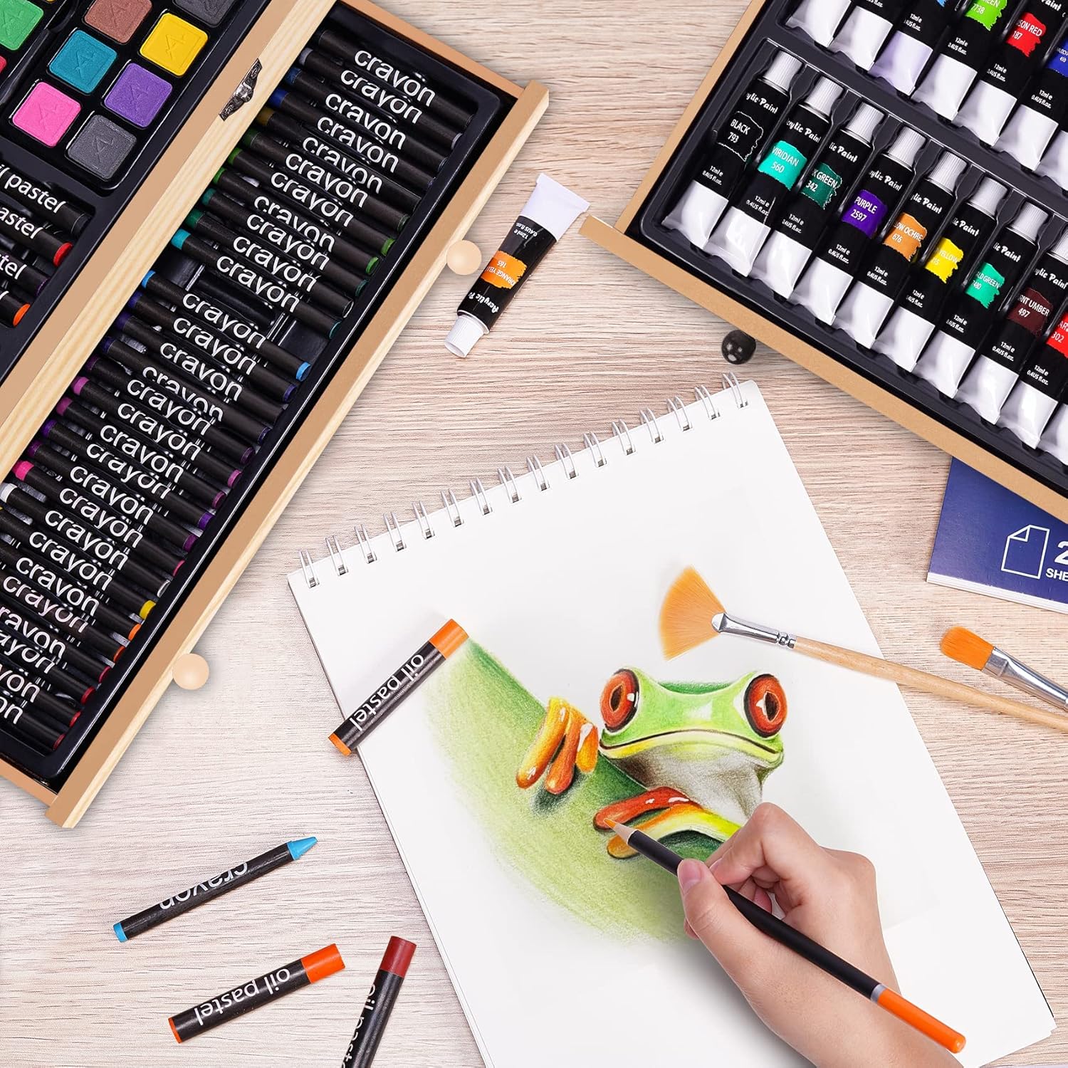 Juego de arte de lujo de 175 piezas con 2 almohadillas para orejas de dibujo, pinturas acrílicas, lápices de colores, juego de pintura en caja de madera, kit de arte profesional, suministros de arte