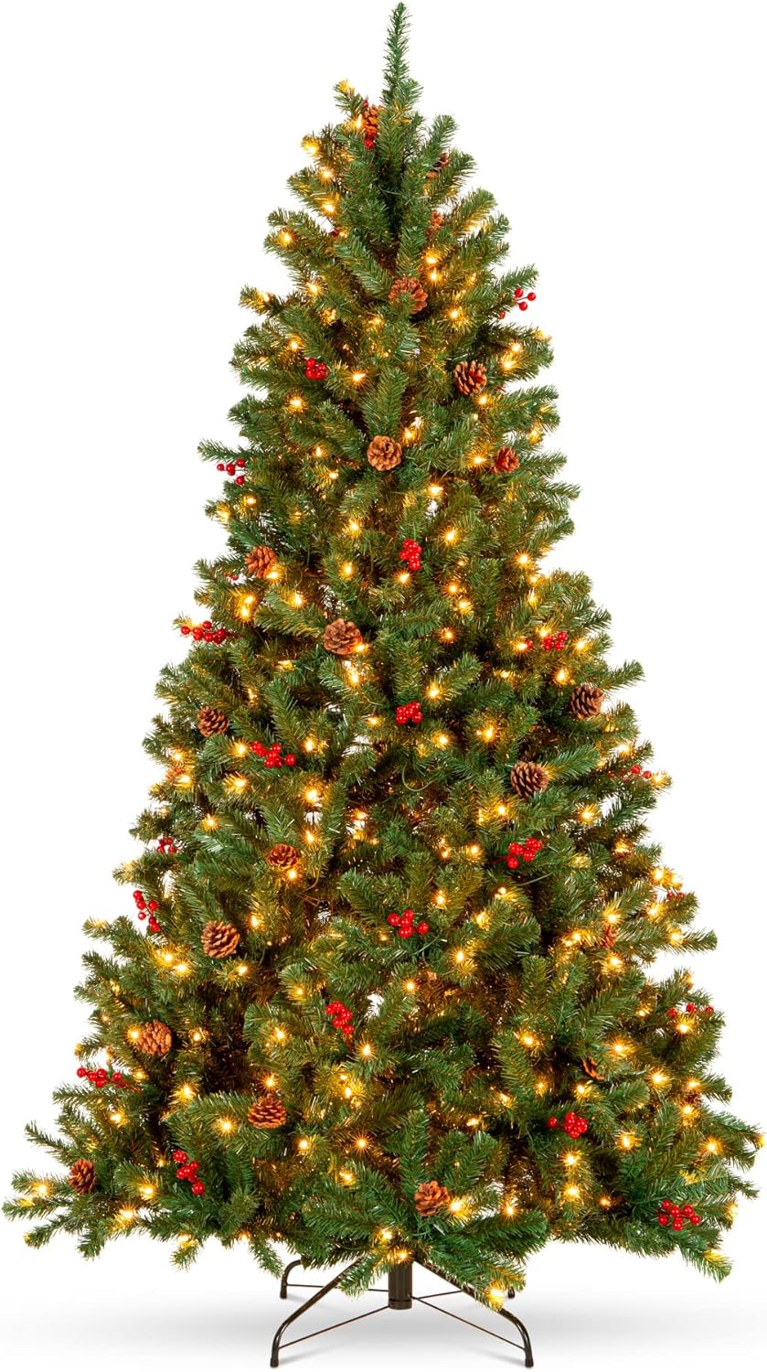 Best Choice Products - Árbol de Navidad artificial preiluminado de 6 pies predecorado con bisagras, con 798 puntas, piñas, bayas, 250 luces, base de metal