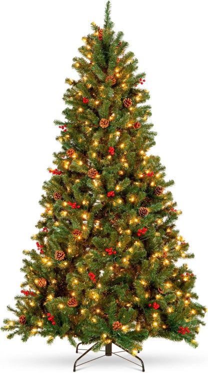 Best Choice Products - Árbol de Navidad artificial preiluminado de 6 pies predecorado con bisagras, con 798 puntas, piñas, bayas, 250 luces, base de metal